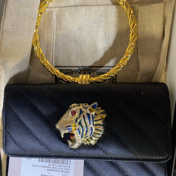 GUCCI BROADWAY BLK SILK QUILTED RAJA Clutch Round Yellow metal handle,NWT - Picture 1 of 5